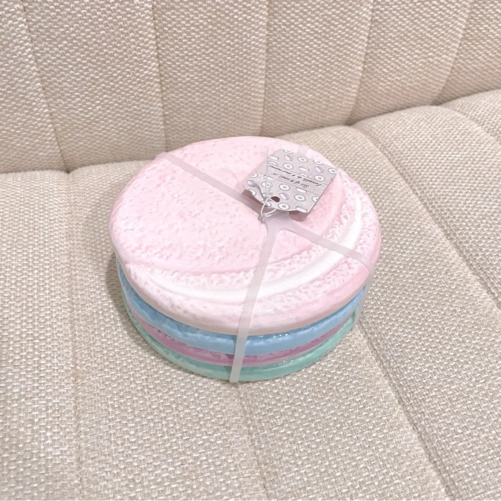 NEW Pastel Macaron Ceramic Coaster Set of 4 Pink Blue Purple‎ Green Cork Backing